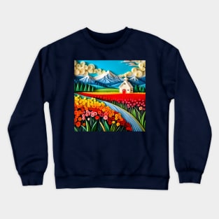 Swirly Quilled Fantasy Field of Multicolor Flowers and Mountains Crewneck Sweatshirt